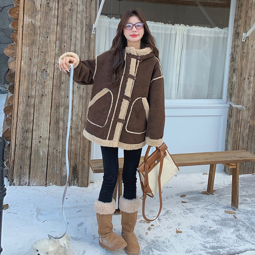 【アウター】キャメルスエード調フード付きフェイクムートンコート 冬 カラー切替 ボア裏地 保温 中綿ジャケット レディース【JZシリーズ】