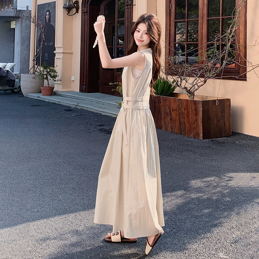 【ワンピース】ロング丈 ノースリーブワンピース フレンチスタイル ウエストマーク 大きいサイズ 着痩せ 体型カバー リゾート 上品【JZシリーズ】