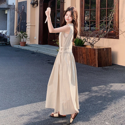 【ワンピース】ロング丈 ノースリーブワンピース フレンチスタイル ウエストマーク 大きいサイズ 着痩せ 体型カバー リゾート 上品【JZシリーズ】