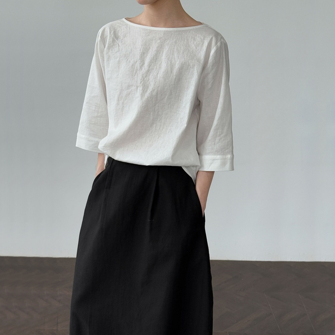 【トップス】夏 オフショルダー 七分袖 綿麻 シャツ  【SNシリーズ】