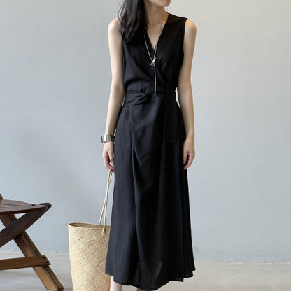 【ワンピース】夏新作 フレンチスタイル ノースリーブ Vネック 着痩せ効果 韓国風 ワンピース【JZシリーズ】