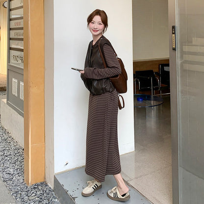 2点セット！【セットアップ】マラード風 おしゃれ レザーベスト＋ストライプワンピース セットアップ  春秋 韓国風 学院風【JZシリーズ】
