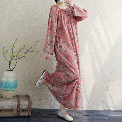 期間限定🍂60%OFF【ワンピース】リゾート風ギャザーワンピース レディース 秋新作 長袖 ロング丈 クルーネック ゆったり ナチュラル【SHシリーズ】