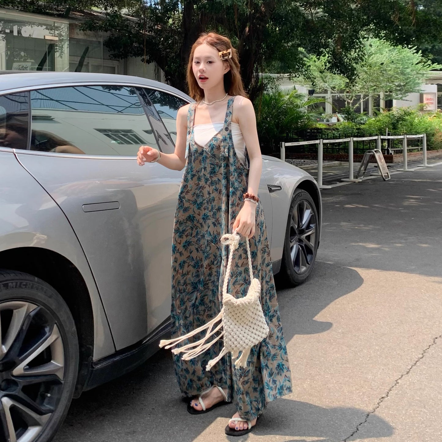 【ボトムス】夏新作 ナチュラルムード 青草プリント オーバーサイズサロペット ゆる感 オールインワン【SHシリーズ】