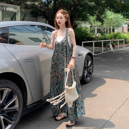 【ボトムス】夏新作 ナチュラルムード 青草プリント オーバーサイズサロペット ゆる感 オールインワン【SHシリーズ】