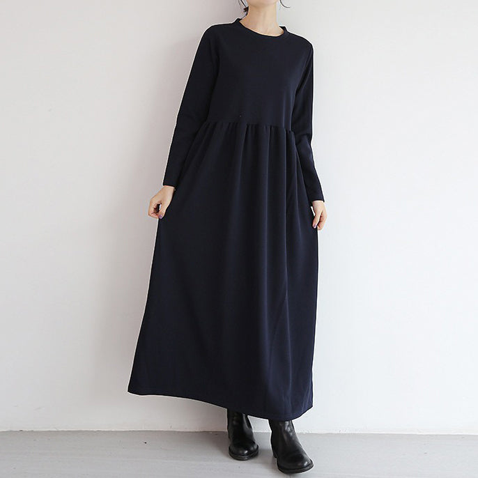 【24AW】【ワンピース】4color 無地 レトロ ラウンドネック ゆったり 長袖ワンピース