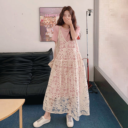 2点セット！【セットアップ】夏新作 シアーシャツ＋Tシャツワンピース レイヤード風 ゆったり 体型カバー カジュアル きれいめ【SHシリーズ】