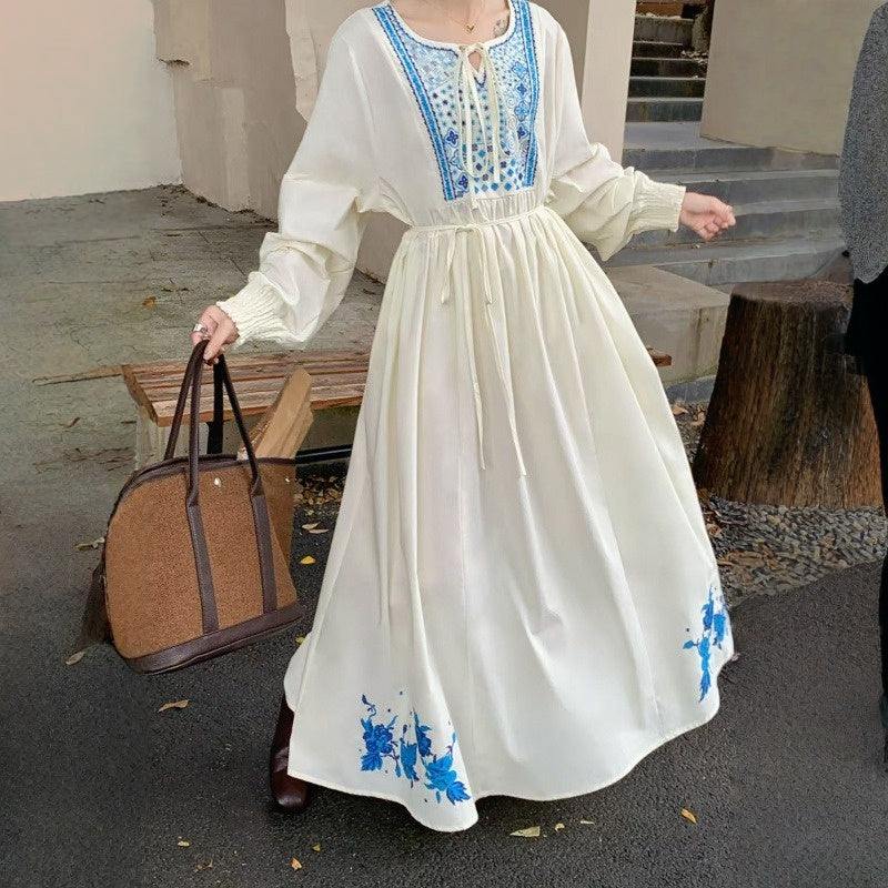 【ワンピース】春 秋 刺繍 ルーズ エレガント 花柄 長袖 ワンピース 【SHシリーズ】