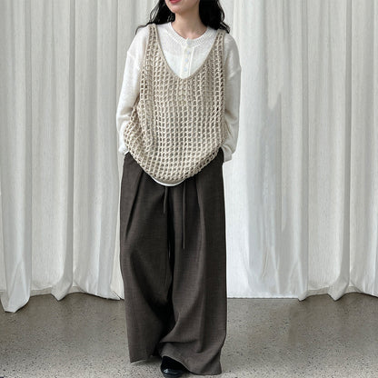 【トップス】ウール混 透かし編み ニットベスト｜Vネック×レイヤードに最適な秋トップス【JZシリーズ】