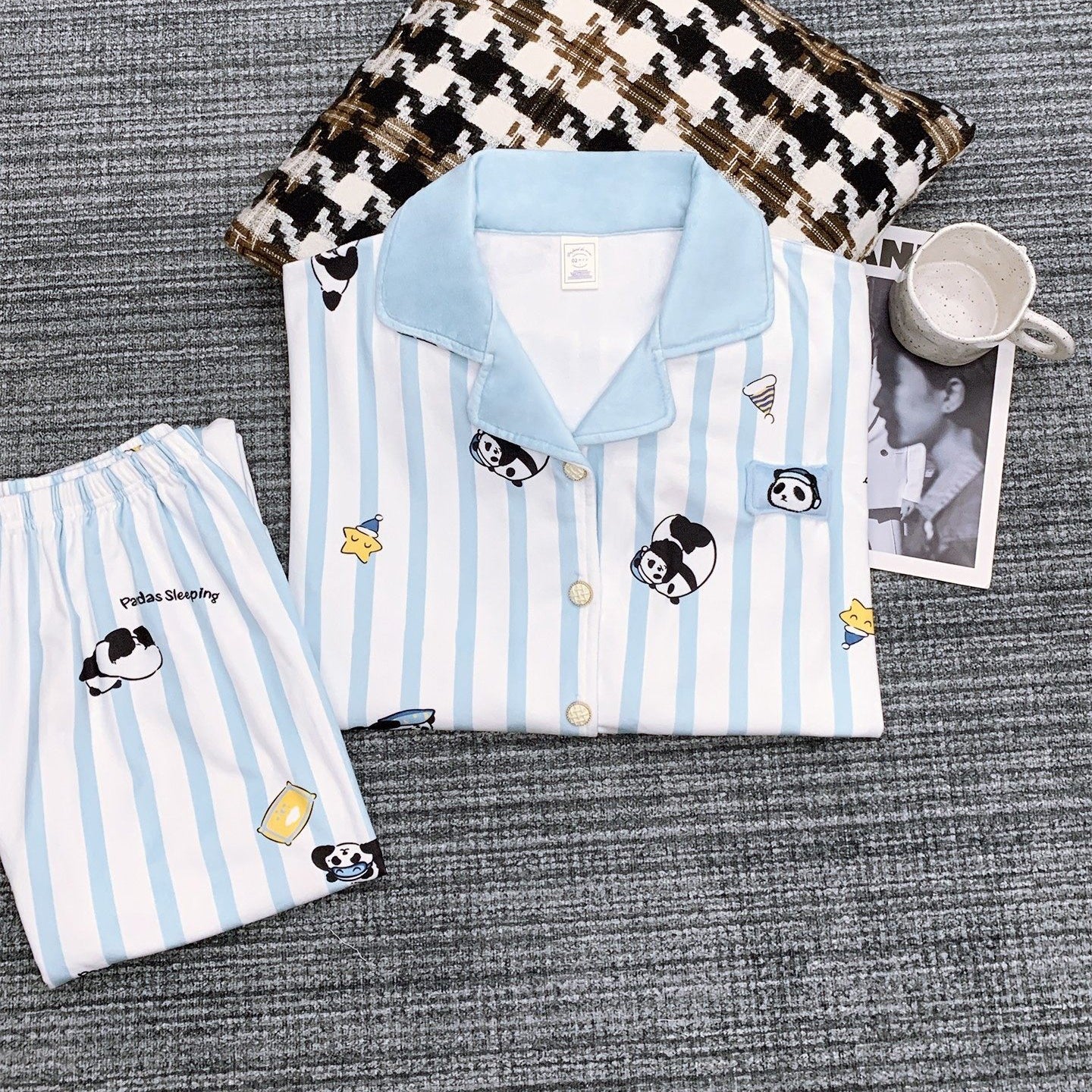 【インナー】かわいいパンダ ストライプ柄 アイランドフリース 薄手 ルームウェア レディース 秋冬