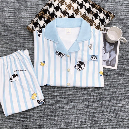 【インナー】かわいいパンダ ストライプ柄 アイランドフリース 薄手 ルームウェア レディース 秋冬