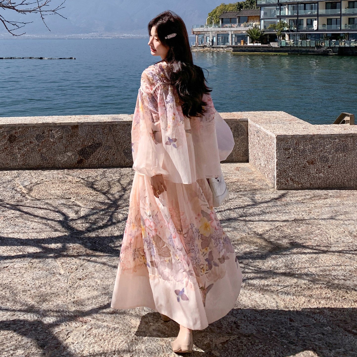 2点セット！【セットアップ】リゾートバタフライプリント 2点セット レディース パフスリーブ UVカットシャツ + ハイウエスト フレアスカート 夏 セットアップ【SHシリーズ】