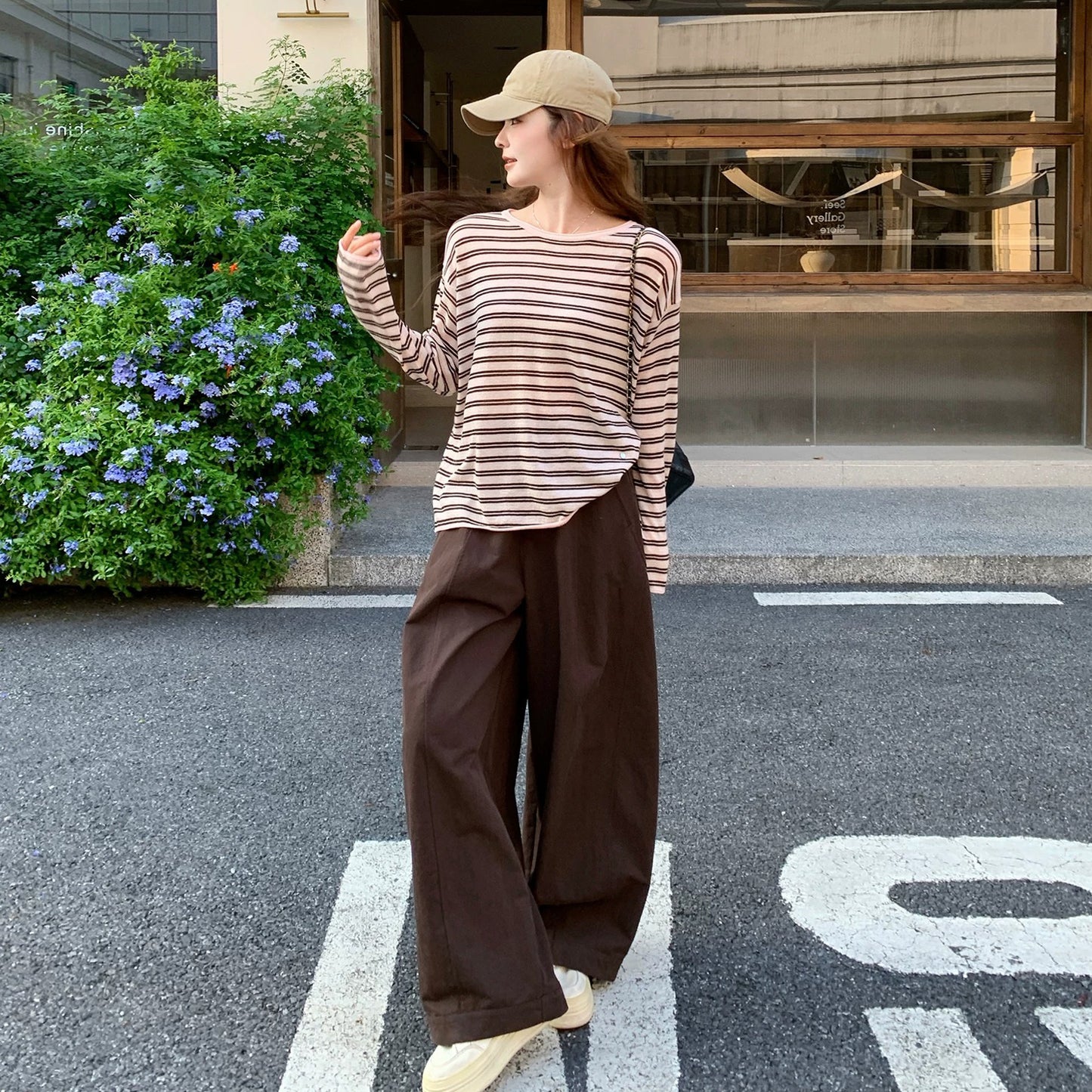 2点セット！【セットアップ】韓国風ボーダーニット＆ワイドパンツ 上下セット レディース 大人可愛い ゆったり 秋コーデ【JZシリーズ】