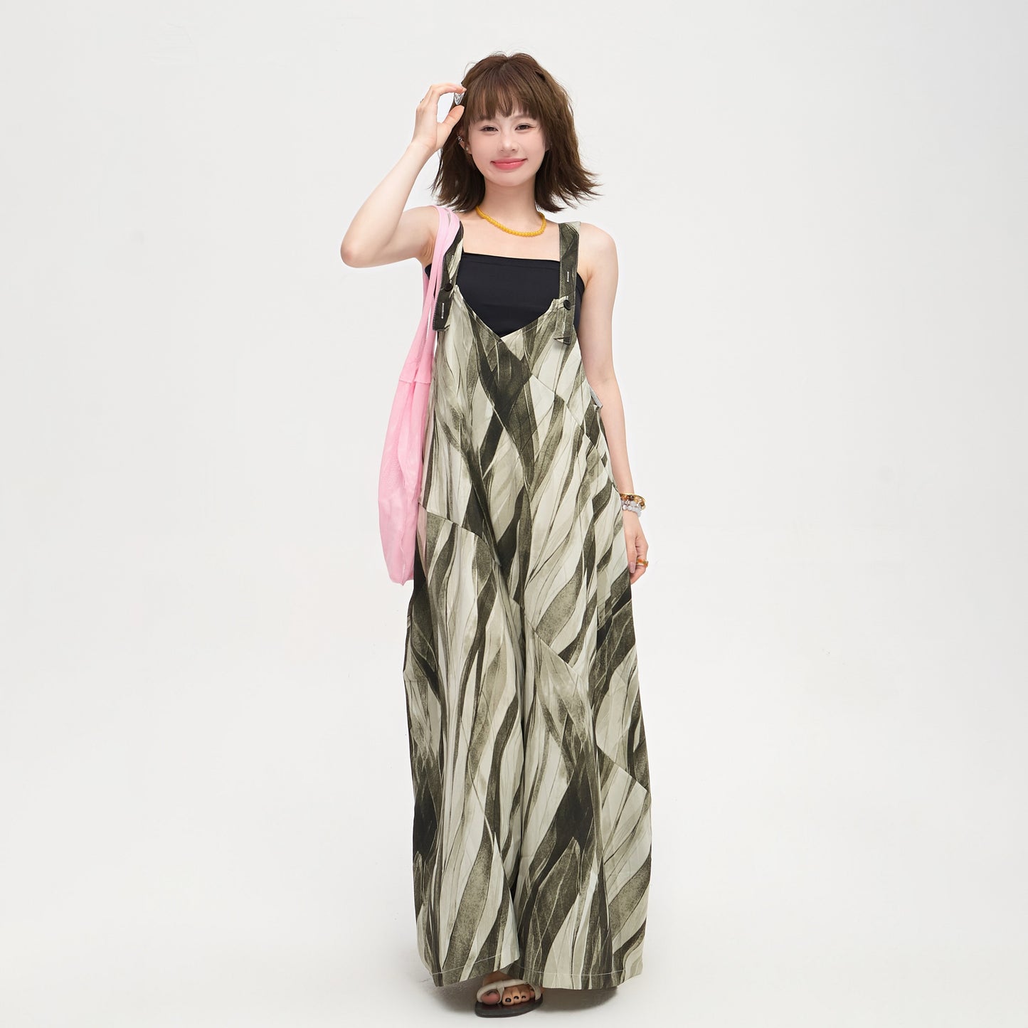 【ボトムス】ゆったりカジュアル オーバーサイズ 夏新作 Vネックストライプオールインワン【SHシリーズ】