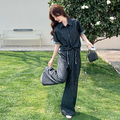 2点セット！【セットアップ】韓国風 ヴィンテージデニム シャツ＋ワイドパンツ 上下セット ゆったり リラックス感 カジュアル【JZシリーズ】