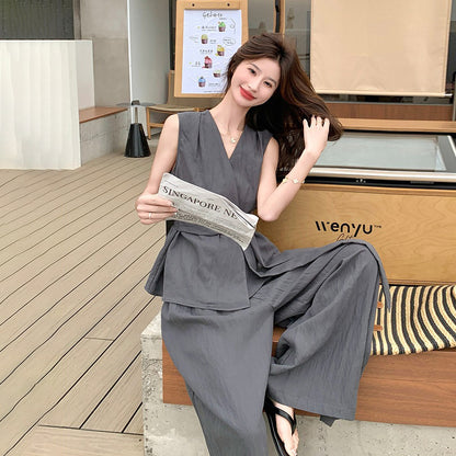 2点セット！【セットアップ】夏 韓国風 通勤 高級感 ジレ＋ワイドパンツ 上下セット【SNシリーズ】【JZシリーズ】
