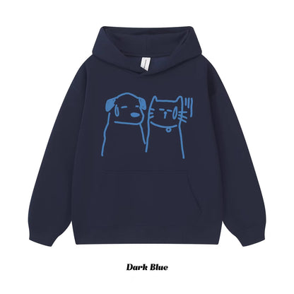 8カラー | S~3XL【トップス】猫犬イラスト 手描き風アメリカンプリント ヘビーウェイト フードパーカー ユニセックス ペアOK【FCシリーズ】