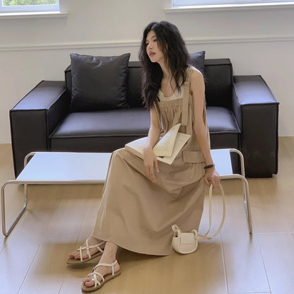 【ワンピース】シンプルヴィンテージ 夏新作 ゆったり韓国風カジュアル ノースリーブキャミソールワンピース【JZシリーズ】