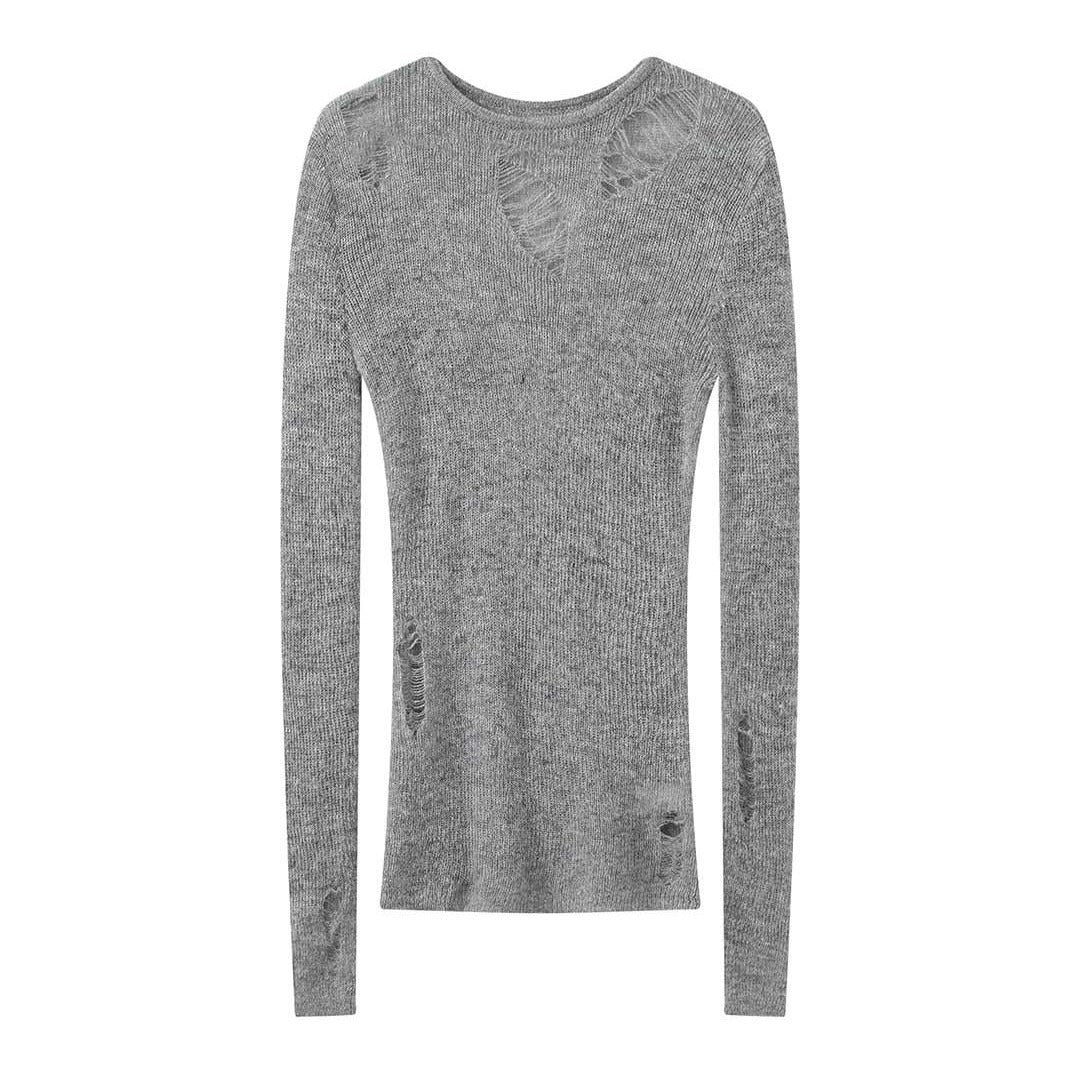 【トップス】ダメージ加工 クルーネック 透かし編み ウール 長袖 Ｔシャツ 【JZシリーズ】