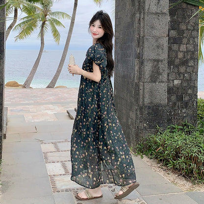 【ワンピース】ビーチリゾート風 リラックス感 花柄 半袖ワンピース レディース  個性的で美しいロングドレス【SHシリーズ】