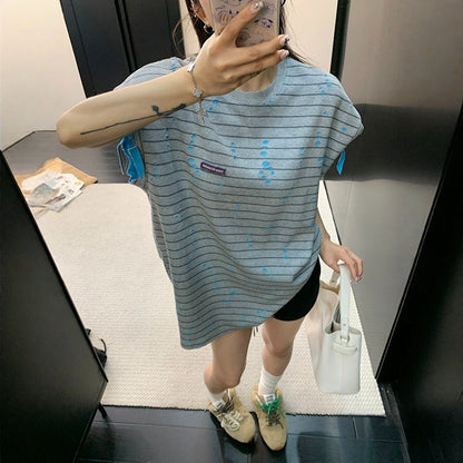 【トップス】ダメージ加工 ストライプ アメリカンリラックス ダメージ 半袖 Ｔシャツ 【FCシリーズ】