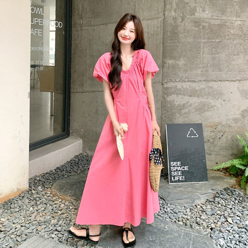 【ワンピース】パフスリーブ ワンピース レディース 夏 Vネック 半袖 ロングワンピース 細見え ウエストマーク 人気 フレンチ風【SHシリーズ】