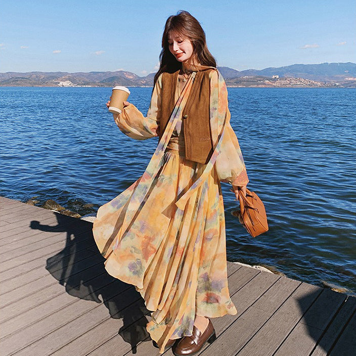 【セットアップ】ベスト付き 花柄フレア 長袖ワンピース セット 春秋 海辺リゾート 高級感【SHシリーズ】