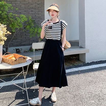 【ワンピース】ストライプ ワンピース レディース 夏 レイヤード風 半袖 ロングワンピース 細見え ウエストマーク 人気 フレンチ風【SHシリーズ】
