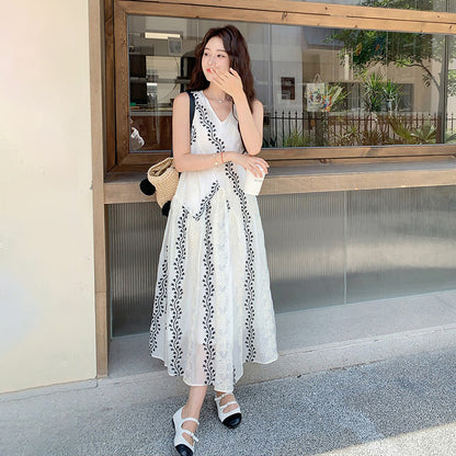 【ワンピース】気質 ノースリーブプリントワンピース 夏 韓国風 Vネック キャミロングドレス【SHシリーズ】