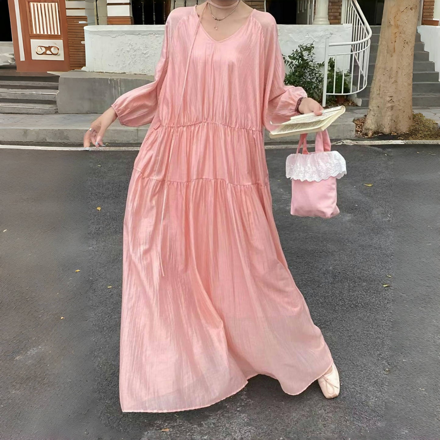 【ワンピース】7カラー 夏 韓国風 ゆったり 大きめサイズ ロング丈 無地 長袖ワンピース