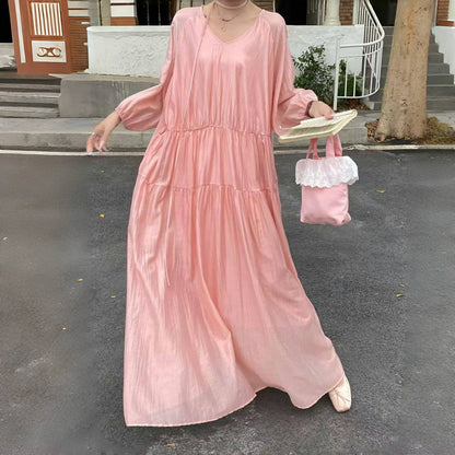 【ワンピース】7カラー 夏 韓国風 ゆったり 大きめサイズ ロング丈 無地 長袖ワンピース