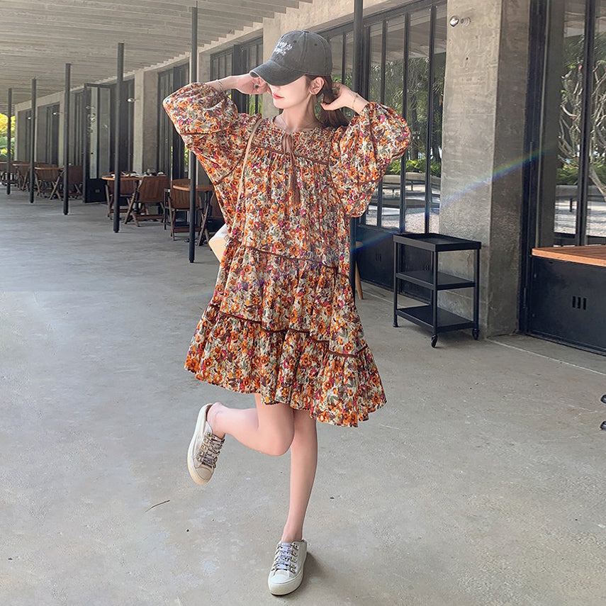 【ワンピース】ボヘミアン風 ファッション ビーチ 日焼け防止 フラワープリント 長袖ワンピース【SHシリーズ】