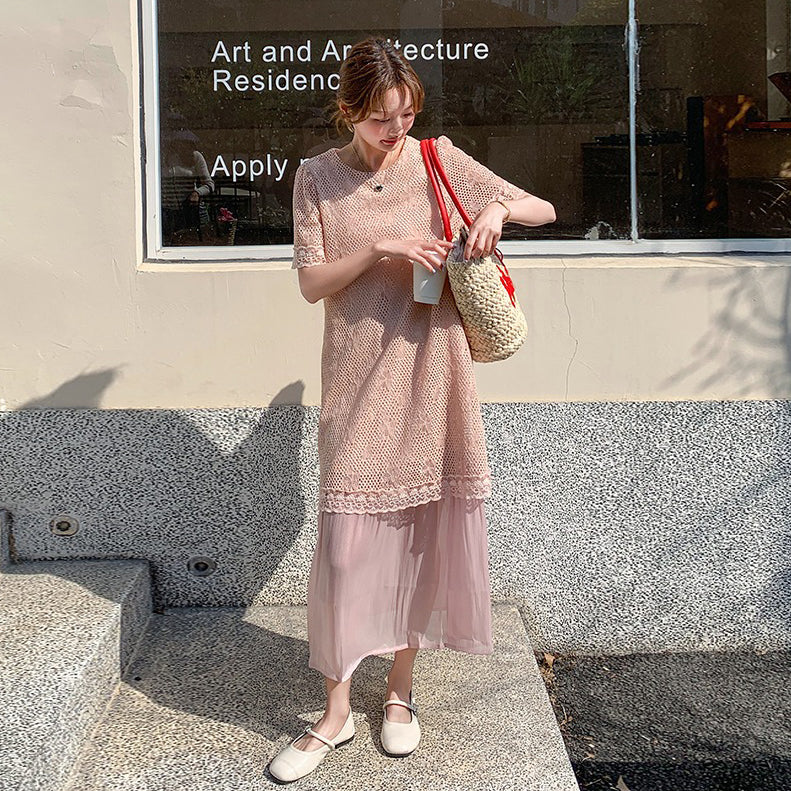 【ワンピース】レース 透かし編み 切り替え ドッキング風 半袖ワンピース レディース 夏新作 甘め上品 ロング丈ドレス【JZシリーズ】