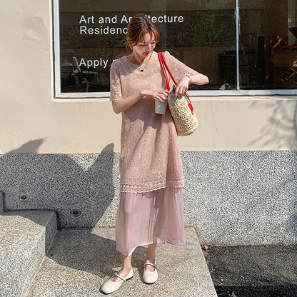 【ワンピース】レース 透かし編み 切り替え ドッキング風 半袖ワンピース レディース 夏新作 甘め上品 ロング丈ドレス【JZシリーズ】