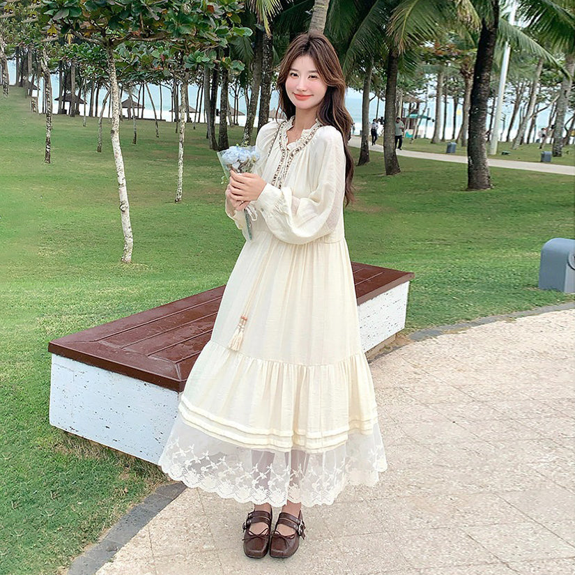 【ワンピース】ベージュ フラワーレース刺繍襟 ワンピース レディース 新作 長袖 フェミニン フレンチ風ロングドレス【JZシリーズ】