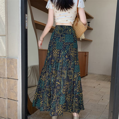 【ボトムス】ボヘミアン風 シフォンプリーツスカート レディース 夏 Aライン 体型カバー 旅行・リゾートにも最適【SHシリーズ】