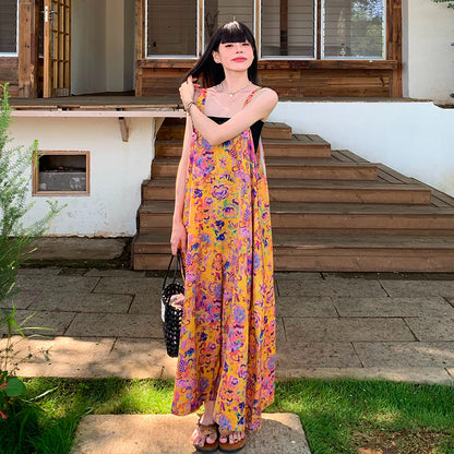 【ボトムス】アート油彩柄 サロペット レディース オールインワン 夏 Vネック ワイドパンツ ゆったり 体型カバー 涼しげ 着痩せ 上品 モード カジュアル【SHシリーズ】