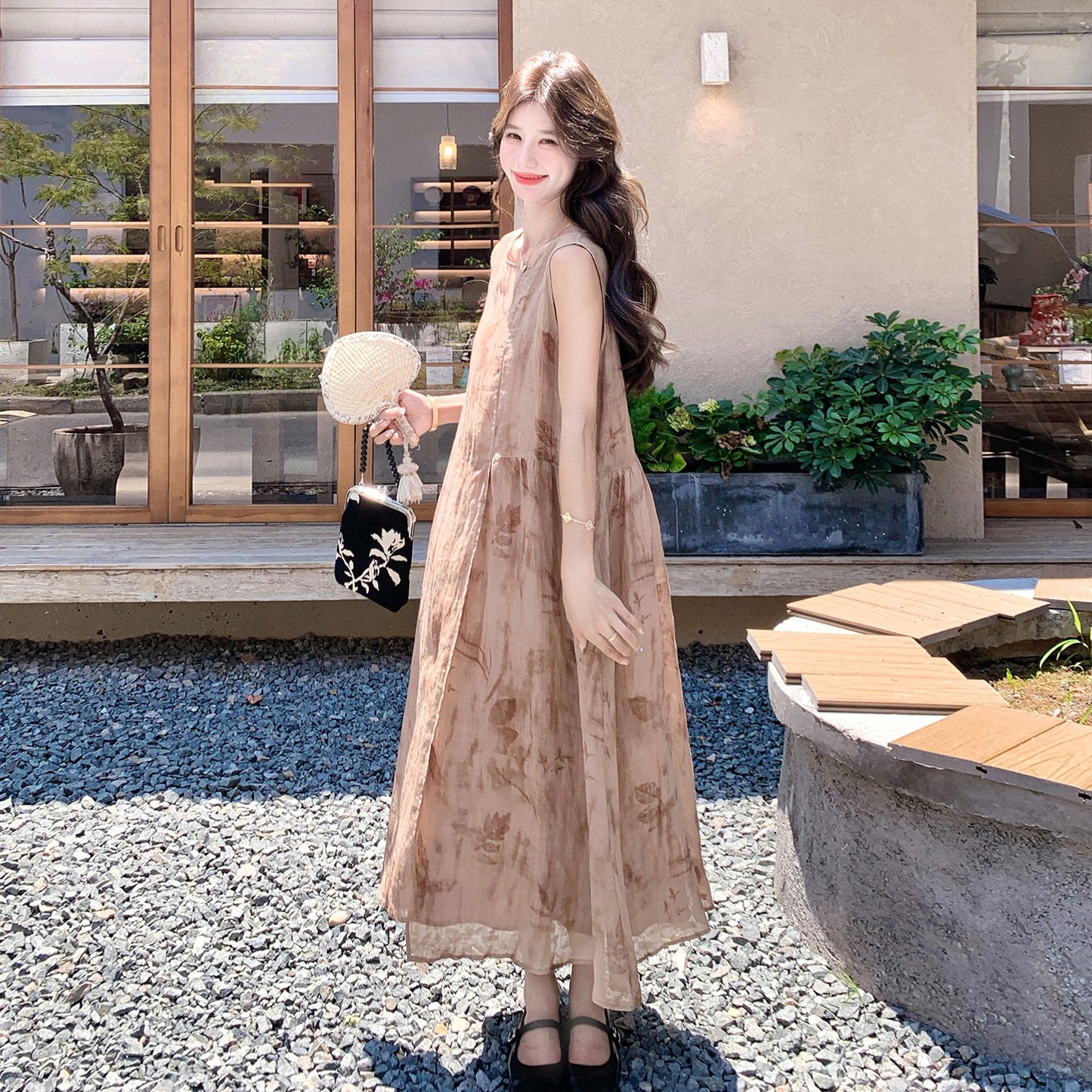 【ワンピース】フレンチ こなれ感 グラデーション プリント ブラウン ノースリーブ ワンピース レディース 夏 ゆったり 上品【SHシリーズ】