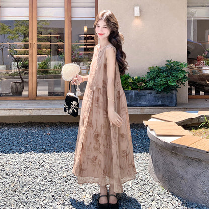 【ワンピース】フレンチ こなれ感 グラデーション プリント ブラウン ノースリーブ ワンピース レディース 夏 ゆったり 上品【SHシリーズ】