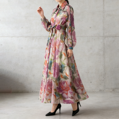 【ワンピース】フレンチエレガント ビジュー装飾 長袖 襟付き ウエストマーク 体型カバー 花柄 フレア ロングワンピースレディース
【SHシリーズ】