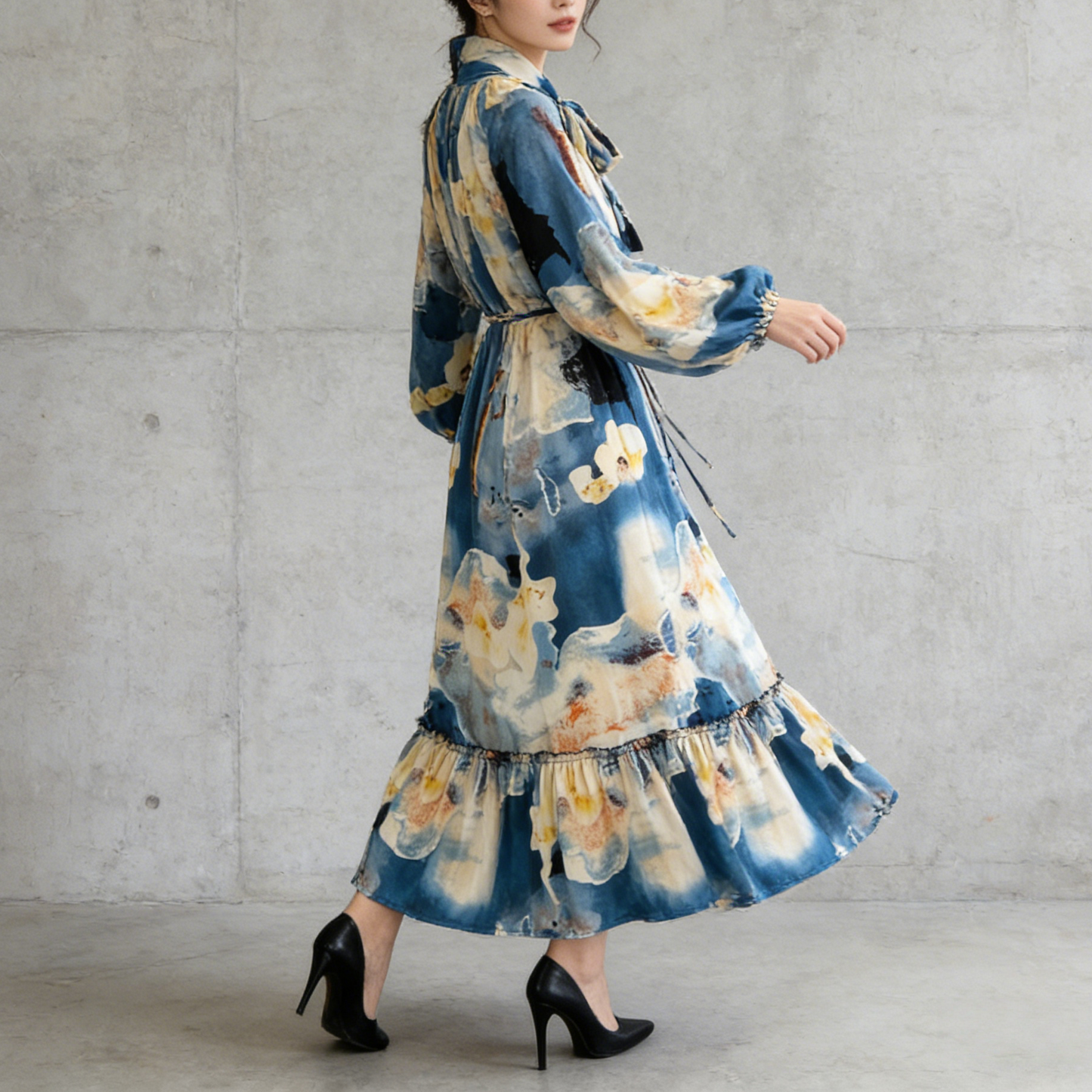 【60%OFF⭐️早い者勝ち】【ワンピース】リボン ウエストマーク Aライン フレア フリル プリント 長袖 ワンピース 【SHシリーズ】