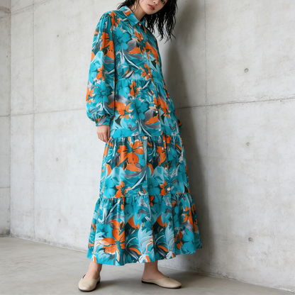 【60%OFF⭐️早い者勝ち】【ワンピース】プリント シングルボタン シャツ ロング丈 長袖 ワンピース 【SHシリーズ】