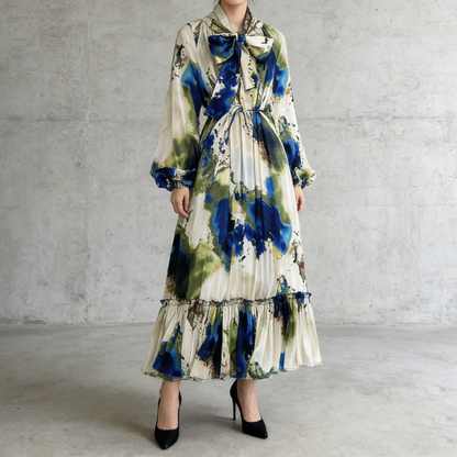 【ワンピース】レトロ風 長袖 リボン付き ウエストマーク Aライン 花柄プリント ランタンスリーブ ワンピース エレガント ロングワンピース レディース【SHシリーズ】