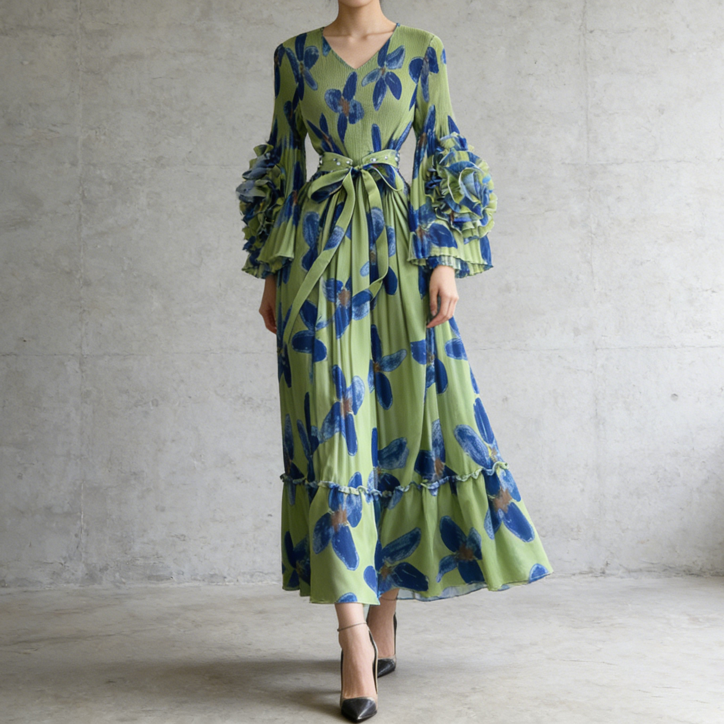 【ワンピース】フレンチ花柄ワンピース Vネック 長袖 立体フラワー フレアロング 着痩せ エレガント リゾートワンピ【SHシリーズ】