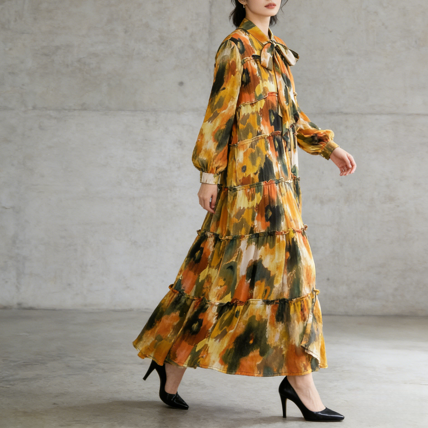 【ワンピース】プリントVネック お腹周りカバー フリル 長袖 ワンピース 【SHシリーズ】