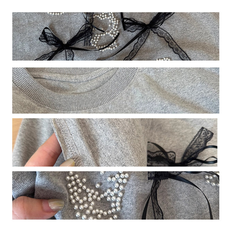 【トップス】【10～15日内発送】夏新作 個性派デザイン レースリボン＆パール付き 綿100％ 半袖Tシャツ【FCシリーズ】