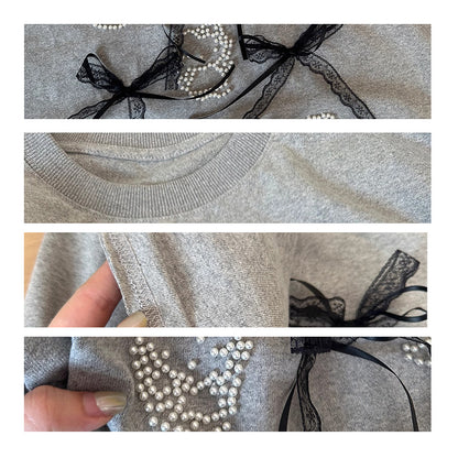 【トップス】【10～15日内発送】夏新作 個性派デザイン レースリボン＆パール付き 綿100％ 半袖Tシャツ【FCシリーズ】