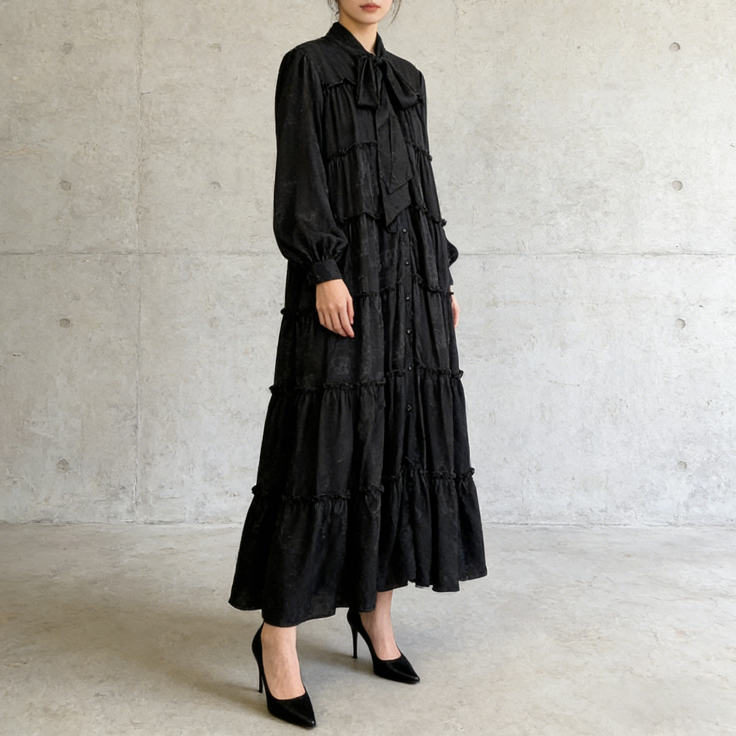 【ワンピース】プリントVネック お腹周りカバー フリル 長袖 ワンピース 【SHシリーズ】