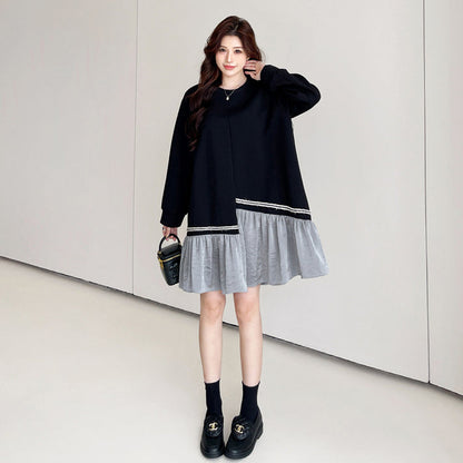 【ワンピース】 春秋冬 スウェット 配色 切り替え ゆったり 着痩せ 長袖ワンピース
