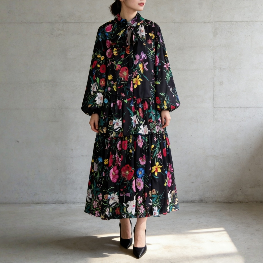 【60%OFF⭐️早い者勝ち】【ワンピース】クラシカル バルーンスリーブ フレンチ リボン付き 花柄 プリント 長袖 ワンピース【SHシリーズ】